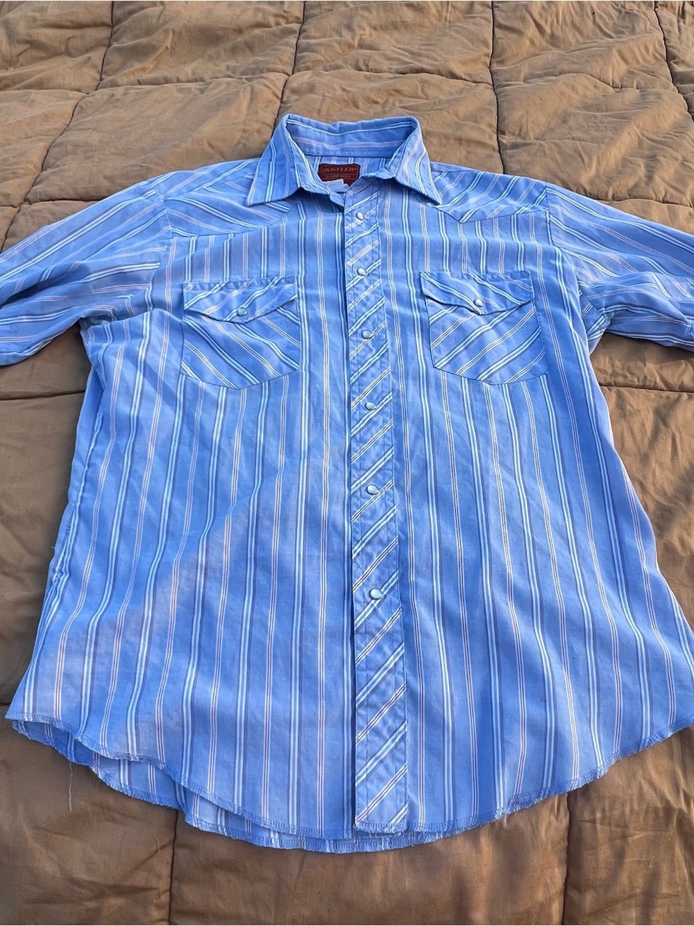 Vtg Rustler X-Long Tails Light Blue Stripe Short Sleeve Western Shirt Pearl Snap